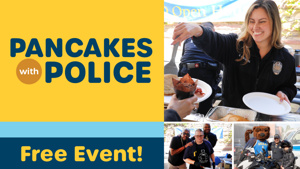 Graphic with text "Pancakes with Police", "Free Event!", and photos of previous pancake breakfasts